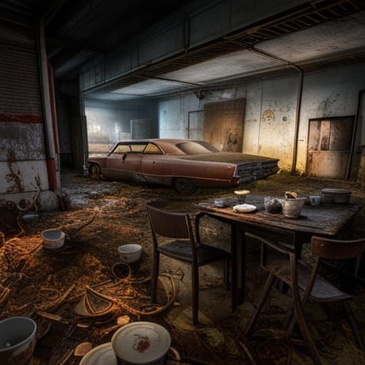 Abandoned Warehouse Interior with Vintage Car