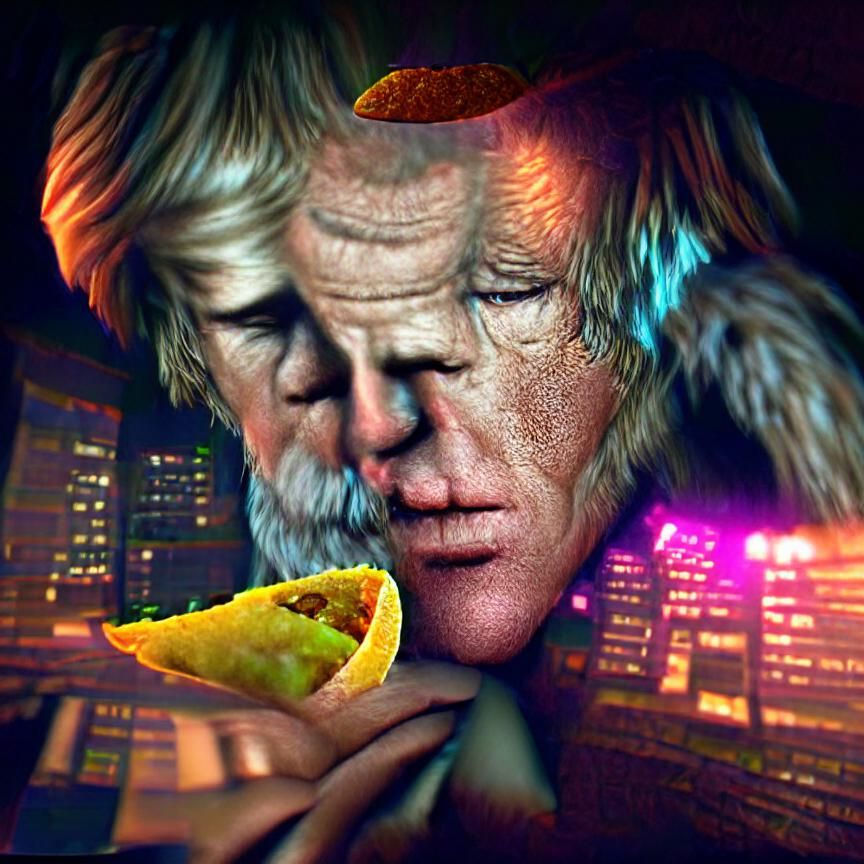 Surreal Three-Faced God Judging a Taco