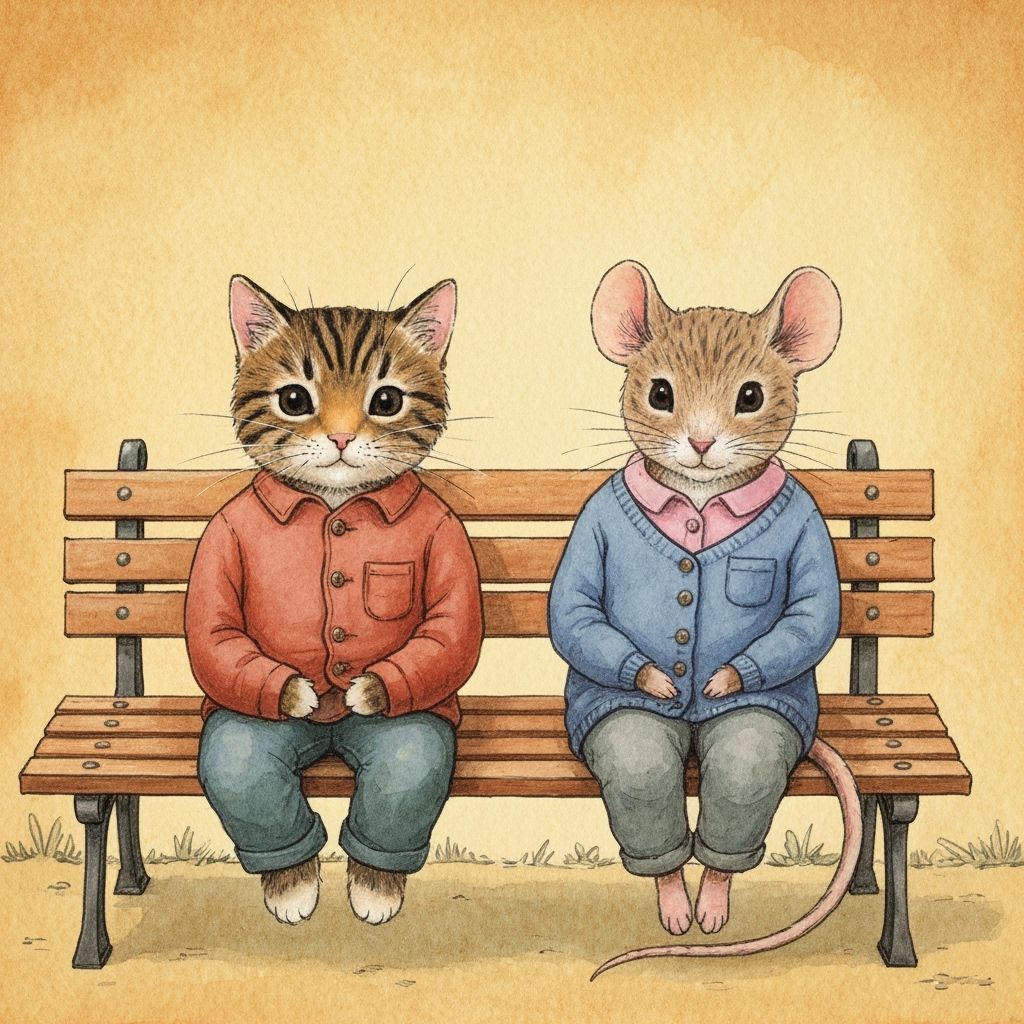 Cat and Mouse Friends on Park Bench in Whimsical Style