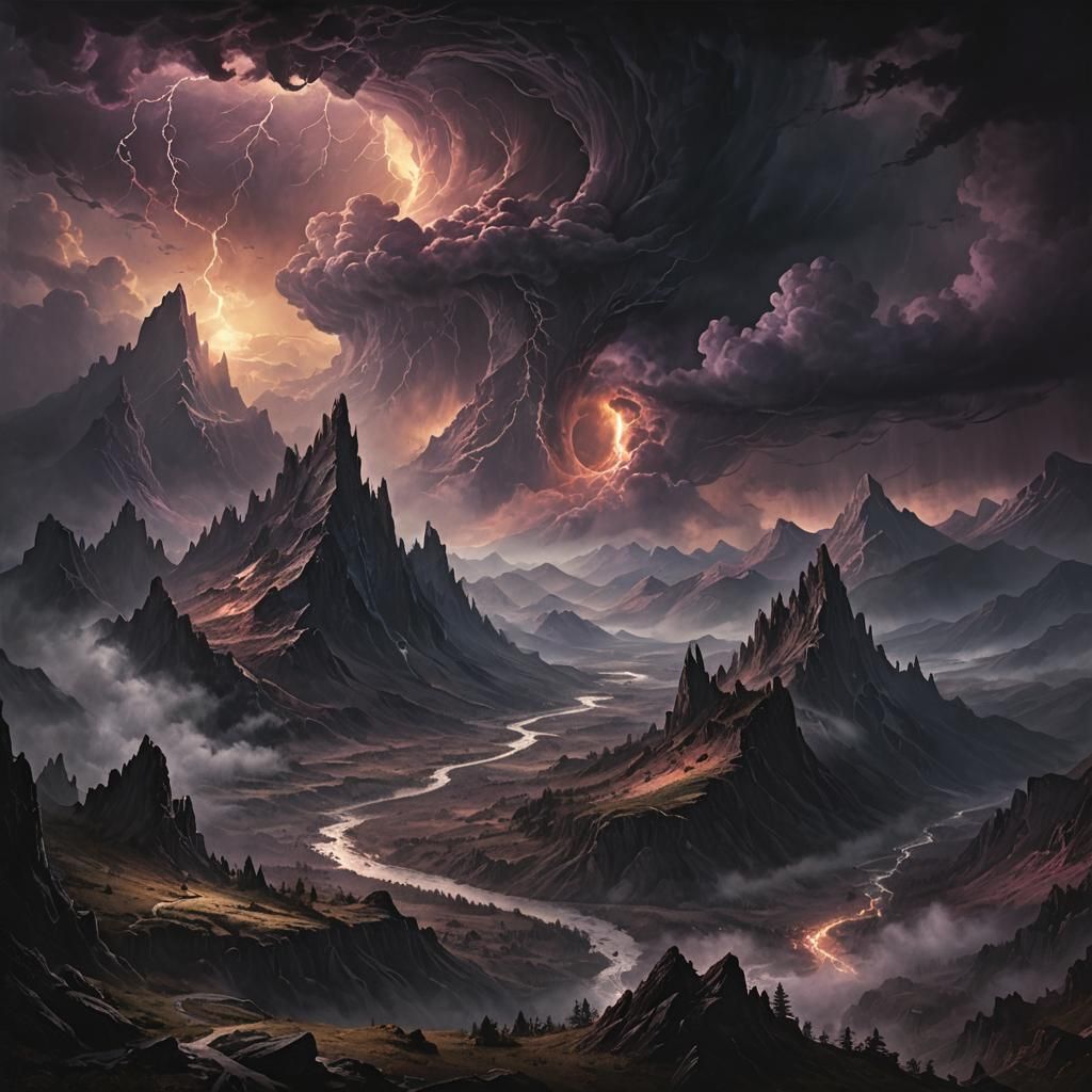 Ominous Dark Fantasy Landscape with Swirling Vortex