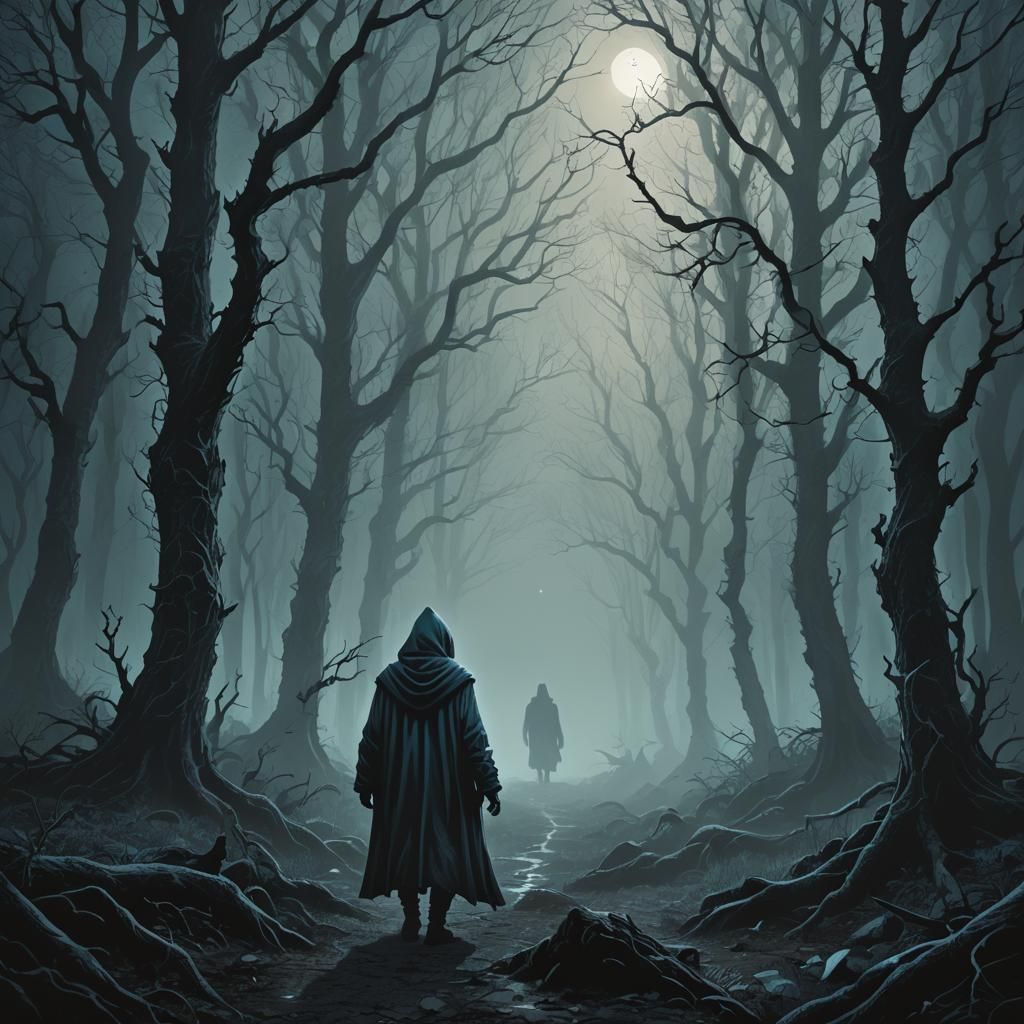 Mystical Hooded Figure in Dark Fantasy Forest