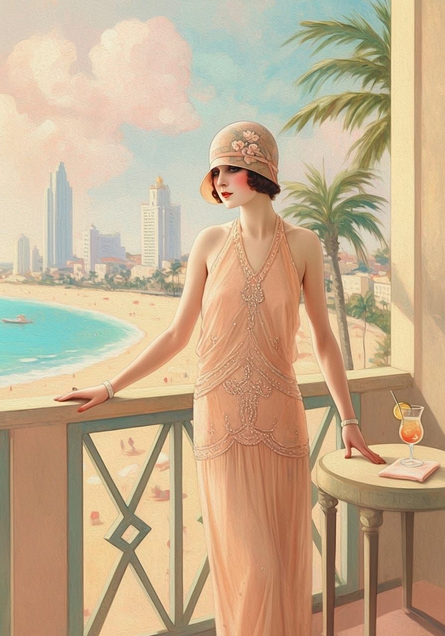 Edward Hopper-Inspired Painting of a Woman in a Flowing Peac...