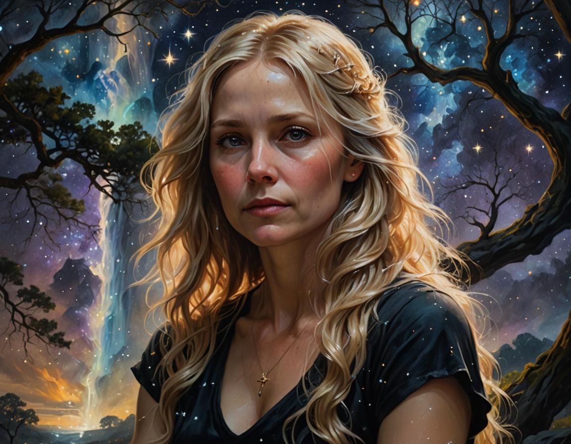 Ethereal Woman Beneath Waterfall: Chiaroscuro Oil Painting