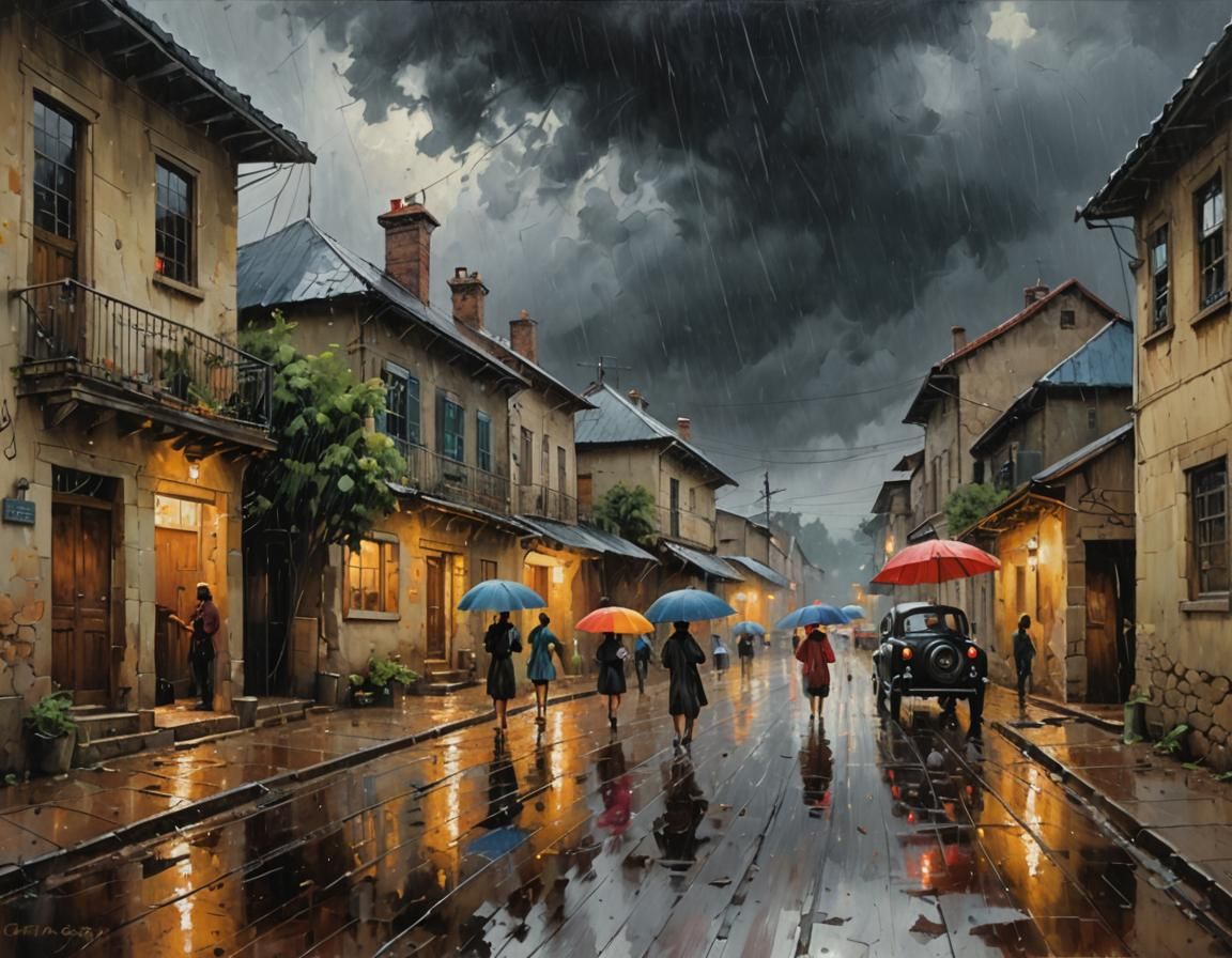 Village Rainstorm as Oil Painting