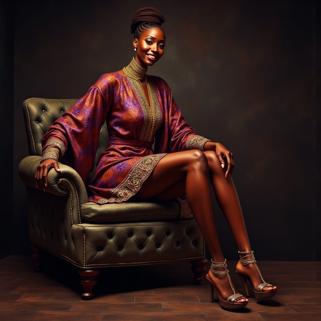 Hyperrealistic Portrait of Woman in Embroidered African Dres...