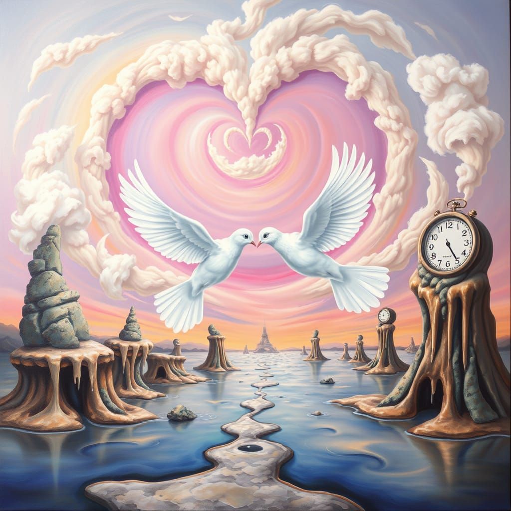 Two Doves in a Dreamlike Landscape