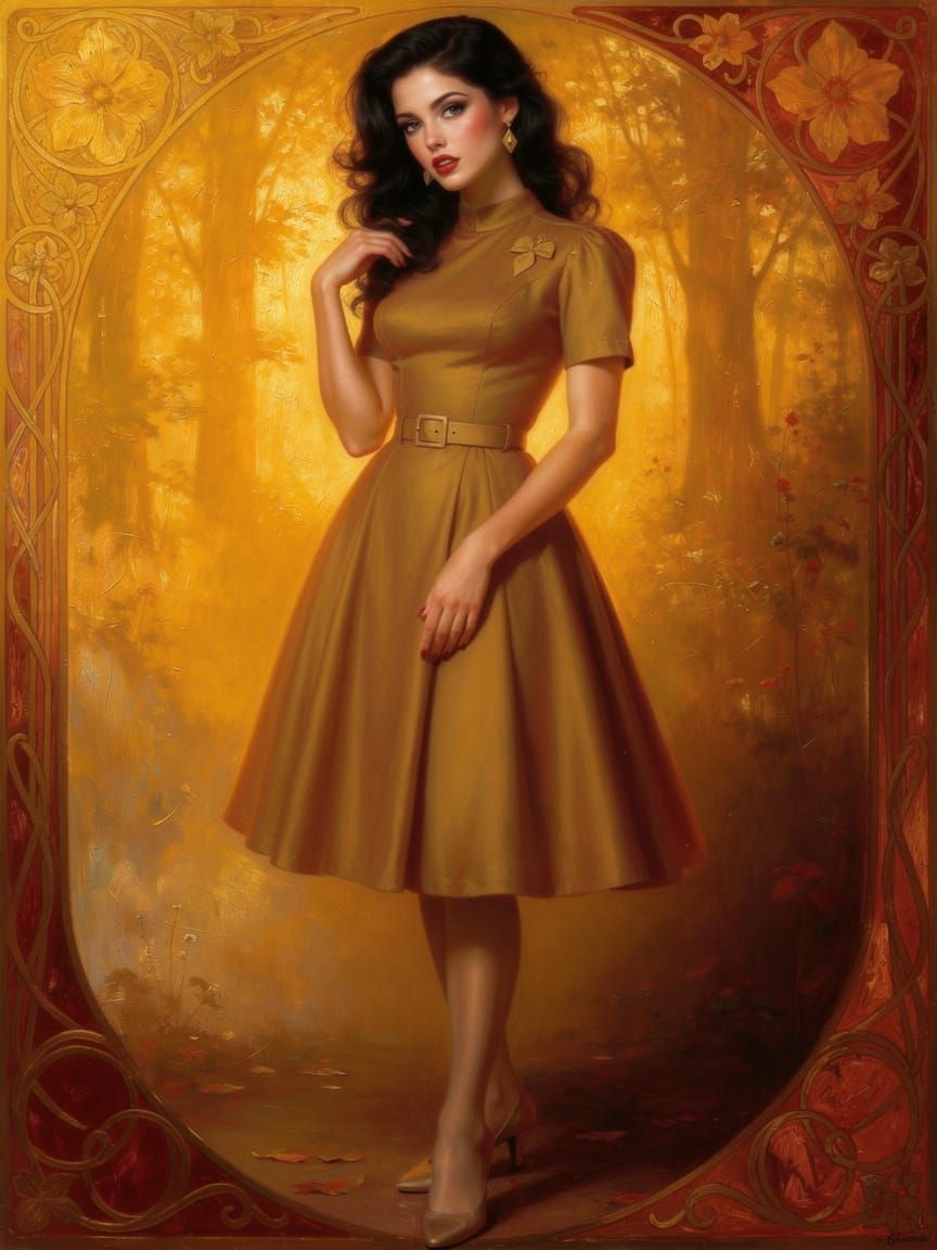 Pin-Up Woman with Bold Gaze in Tonalist Oil Painting Style