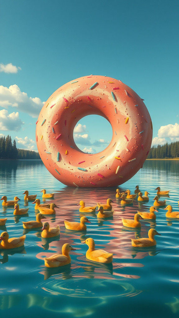 Giant Donut Floating Over Lake with Ducks