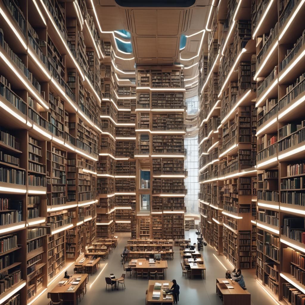 Futuristic Library Overflowing with Books