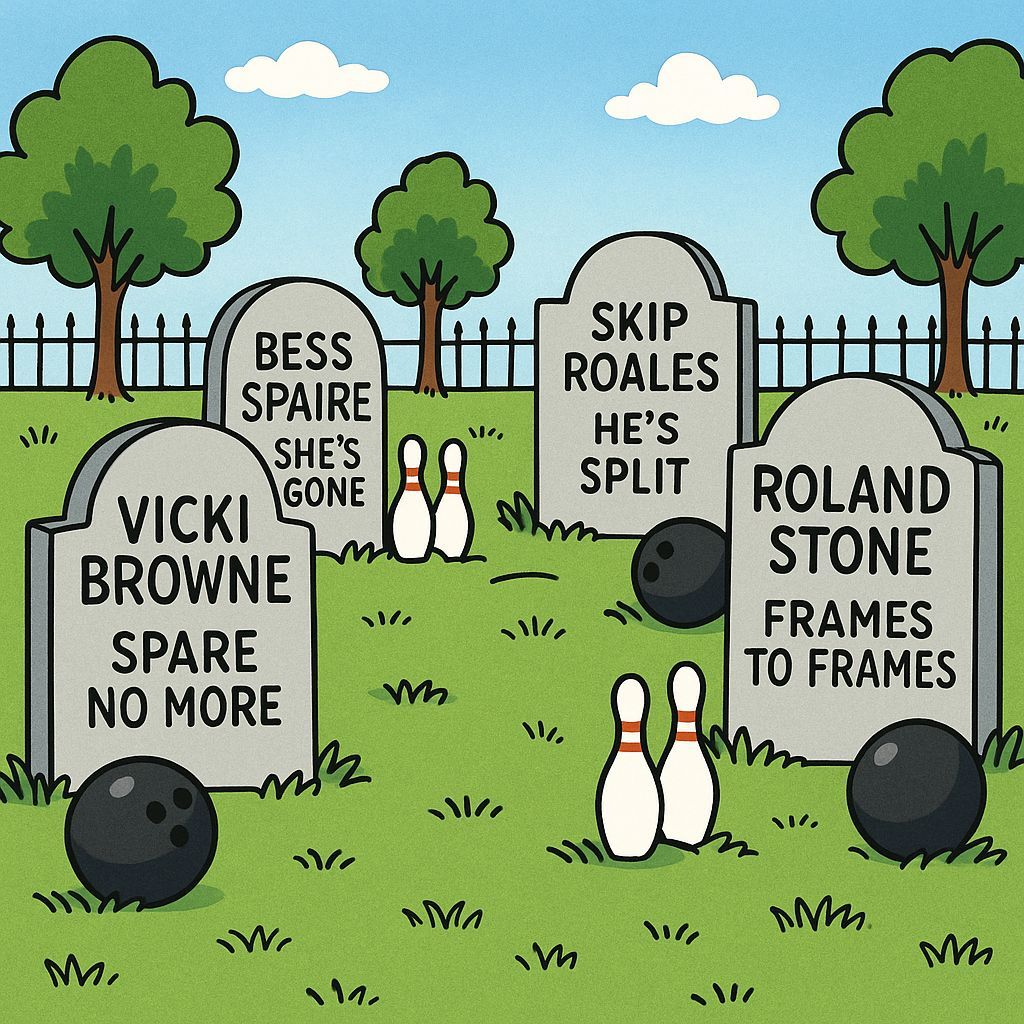 Cartoon Cemetery with Fictional Bowler Tombstones