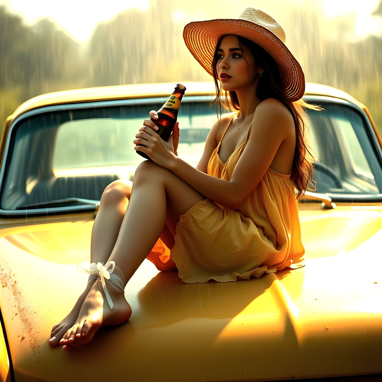Girl in Summer Rain Drinking Beer on Car Hood