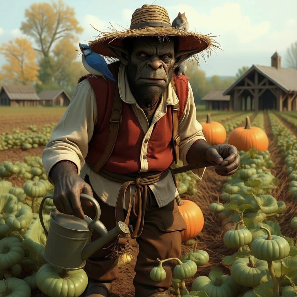 Peaceful Orc Farmer Tending Autumn Fields in Hyper-Realistic...