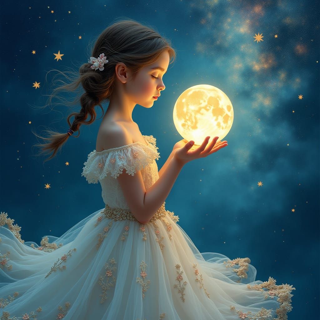 Girl Holds Moon in Milky Way Galaxy Dreamscape