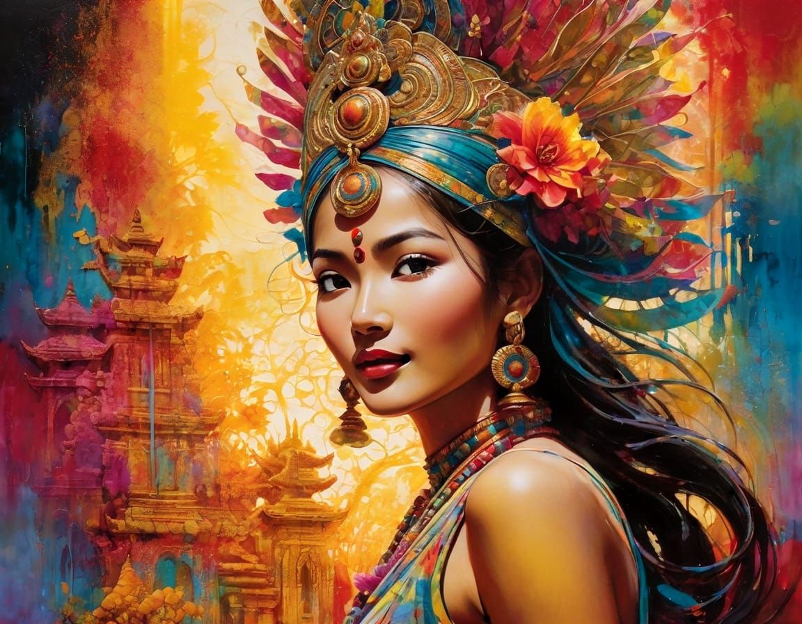 Vibrant Balinese Goddess in a Dreamlike Temple