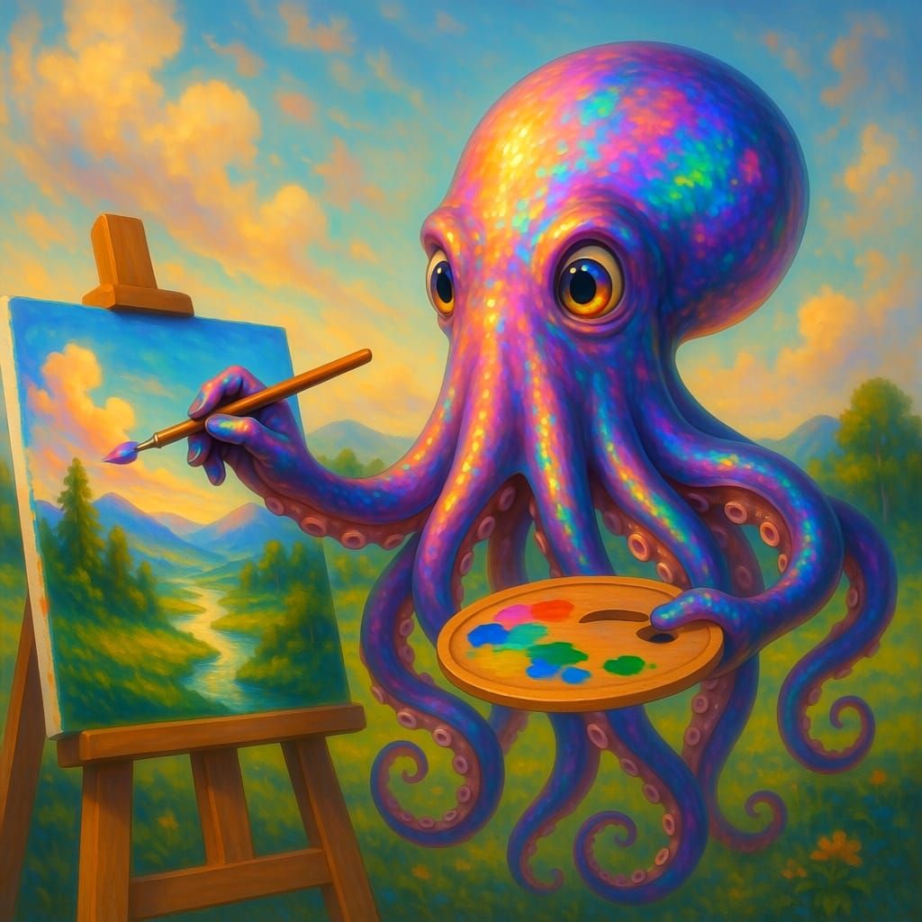 Iridescent Octopus Paints Landscape with Four Arms