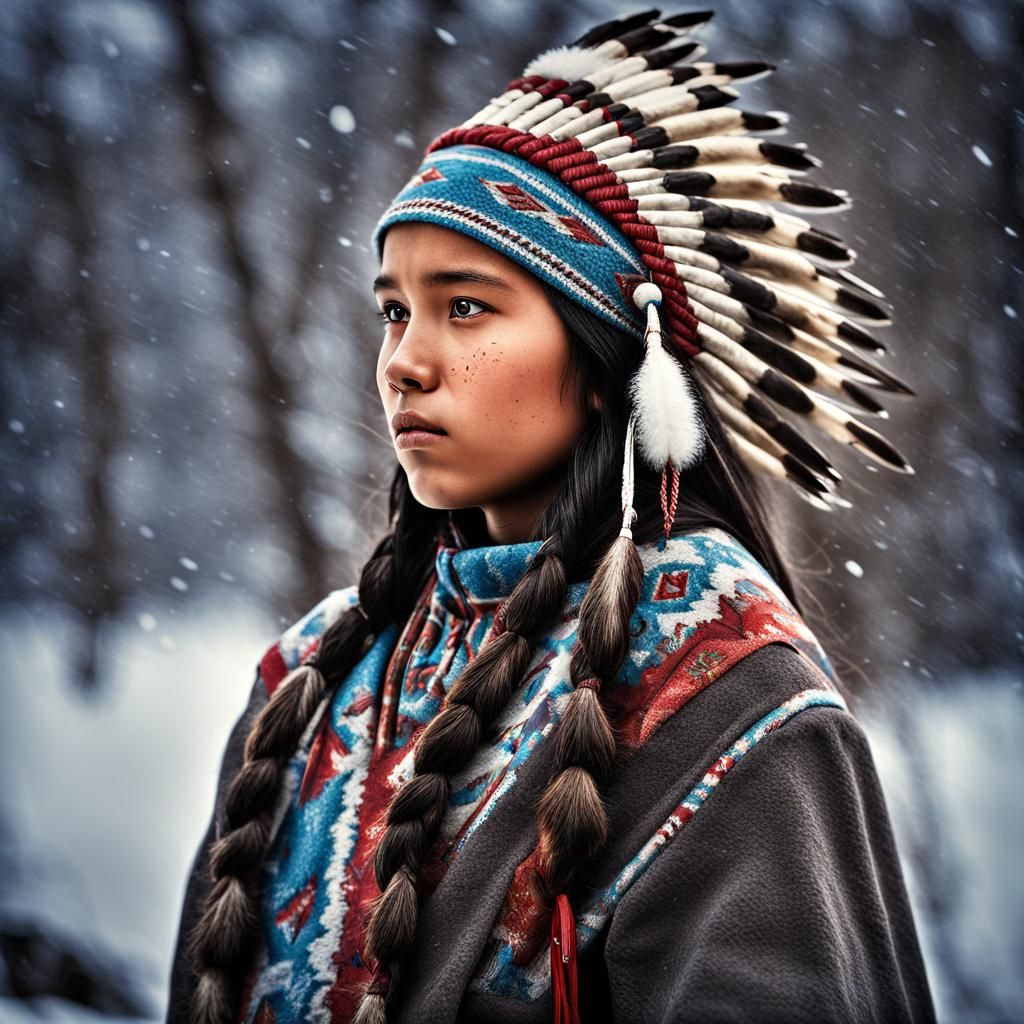 Native American Girl in Winter, Hyperrealistic Detail