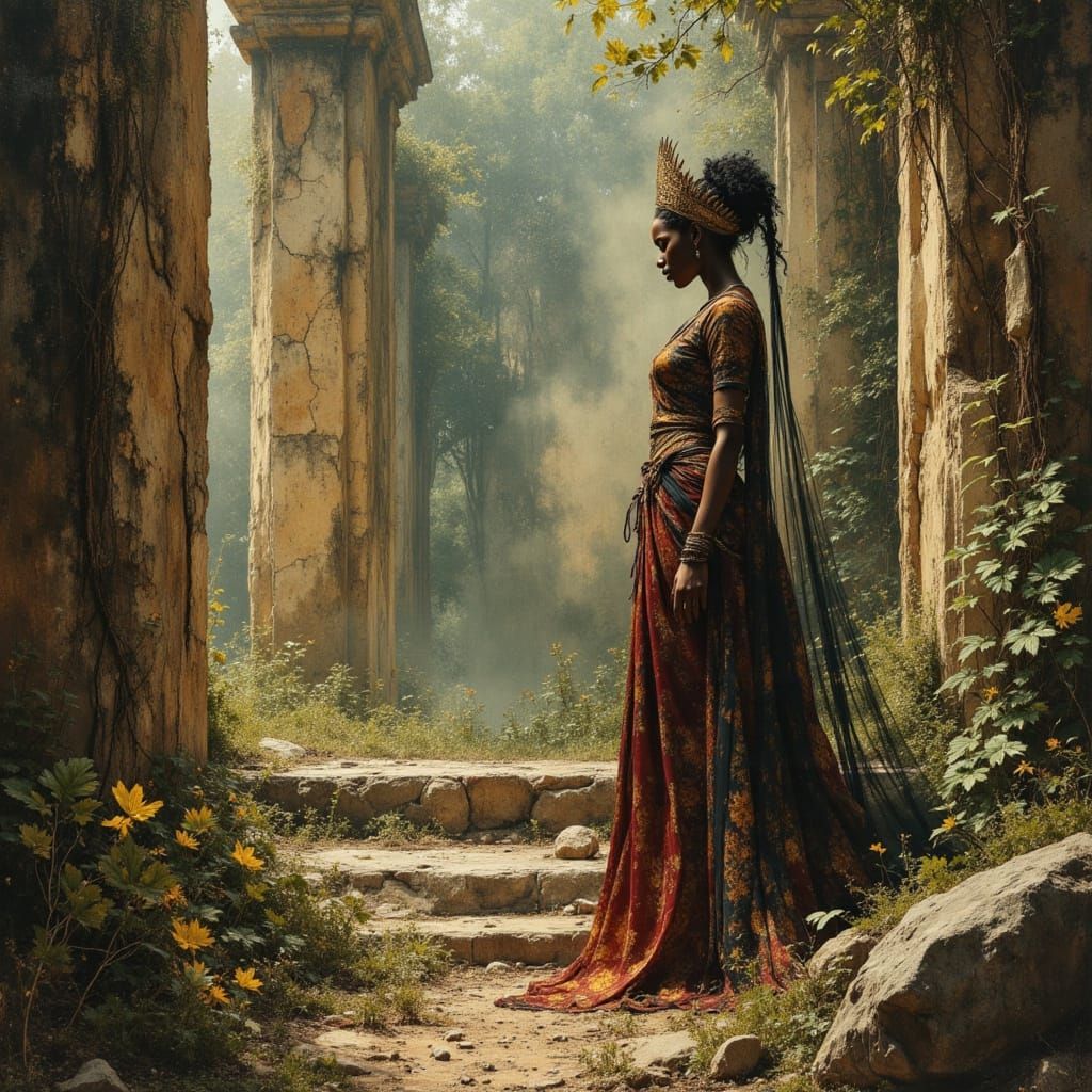 African Queen in Ancient Temple, Hyperrealistic Oil Painting