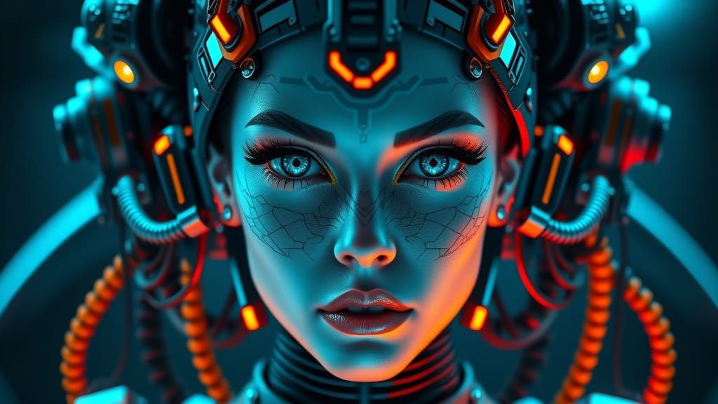Cyberpunk Queen Portrait with Biomechanical Headdress