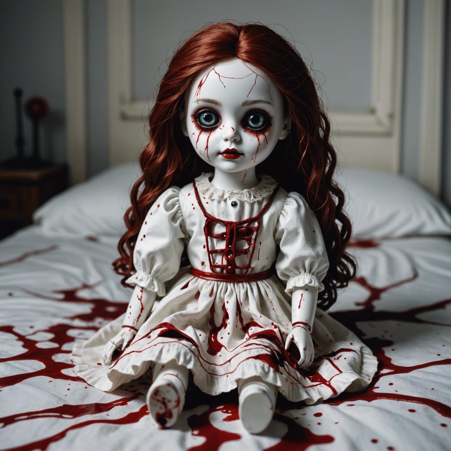 Hyperrealistic Creepy Porcelain Doll with Blood Stains