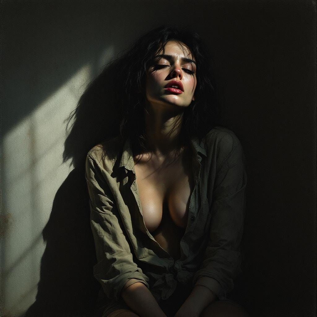 Anxious Woman in Shadows: Expressionist Style