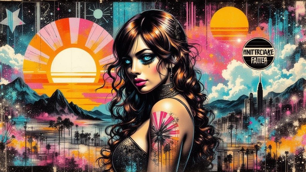 Woman posing in a vibrant, eclectic environment, combining p...