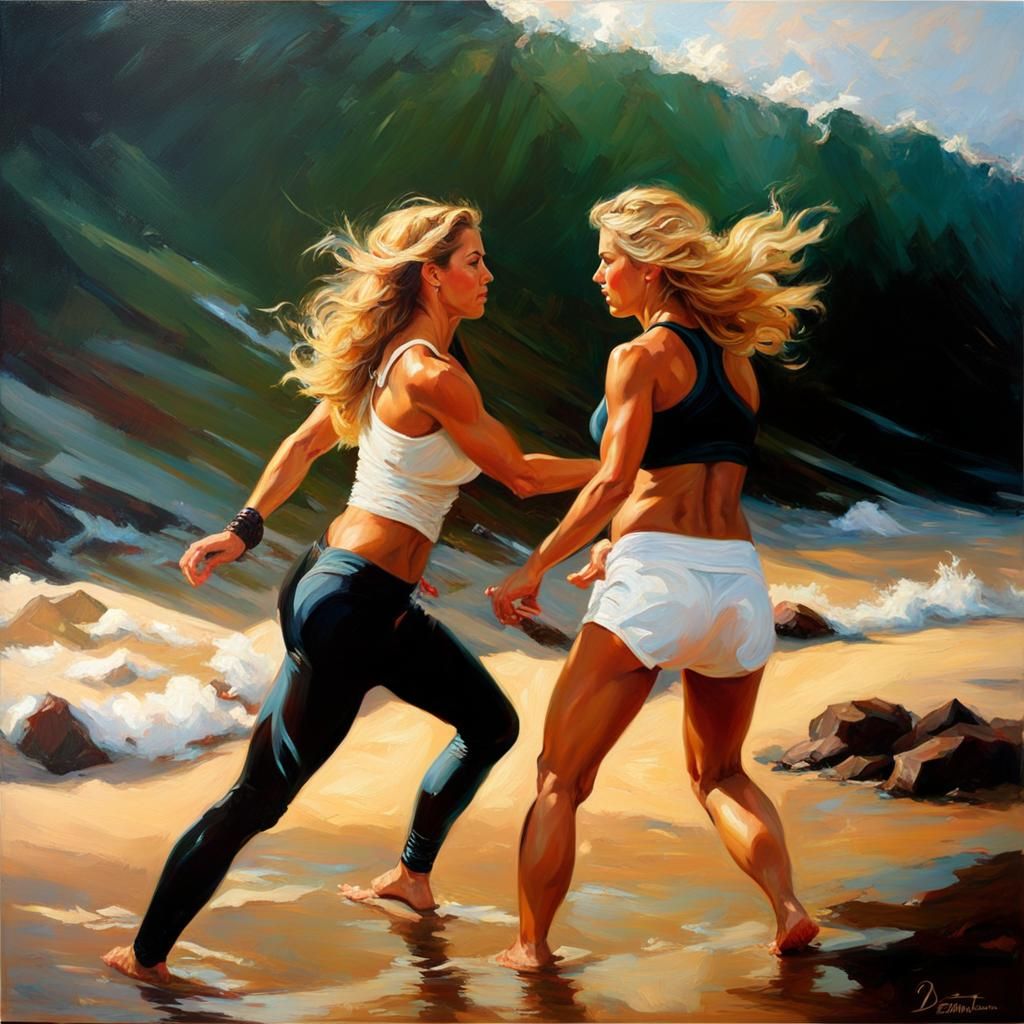 denise Austin and Trish stratus having catfight, painting style of Daniel Gerhartz. intricately detailed dynamic lightin...