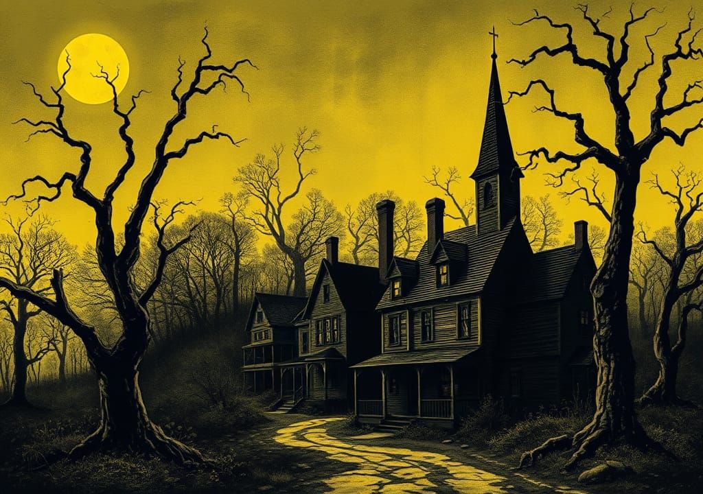 Haunting New England Village Under Sickly Yellow Moonlight