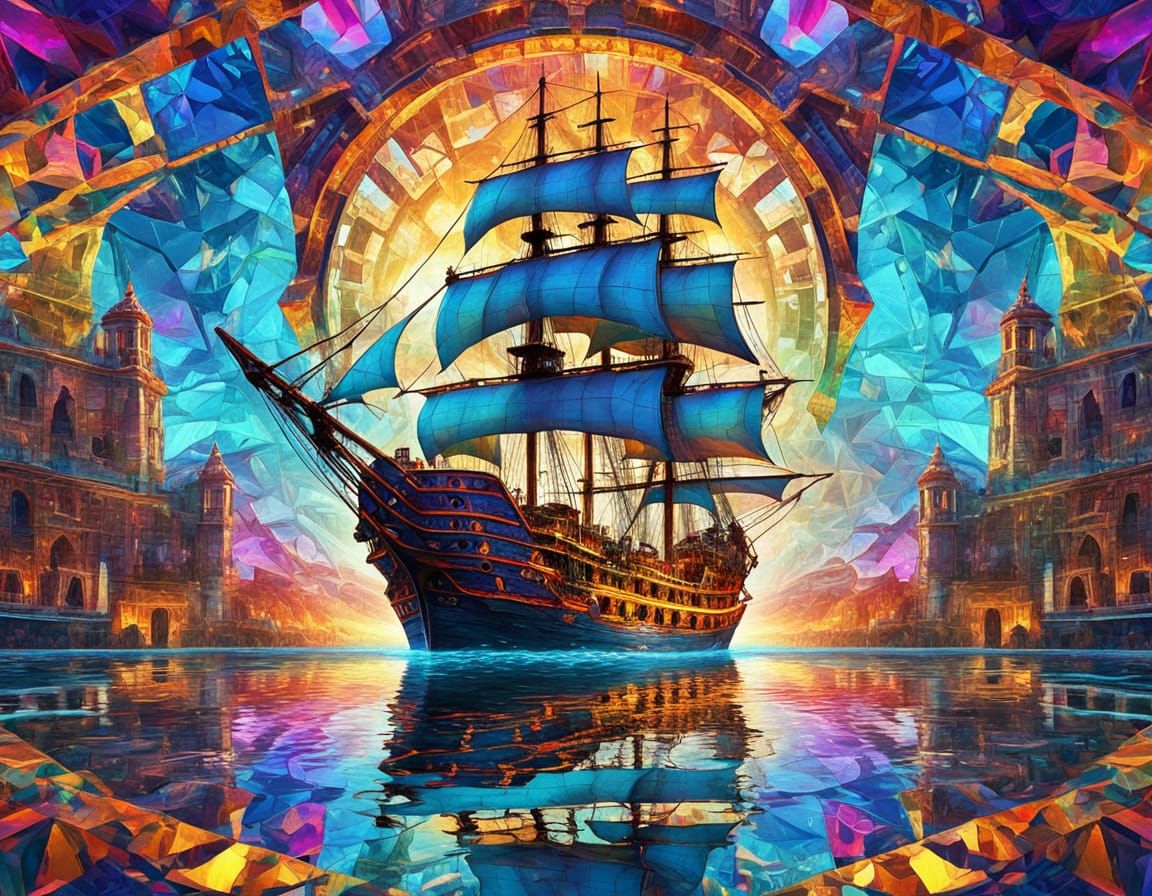 Kaleidoscope Galleon Ship in Roman Port: Digital Art