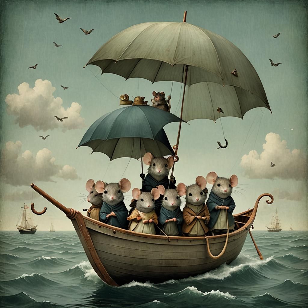 Mouse Family Sailing in Umbrella Boat, Whimsical Illustratio...