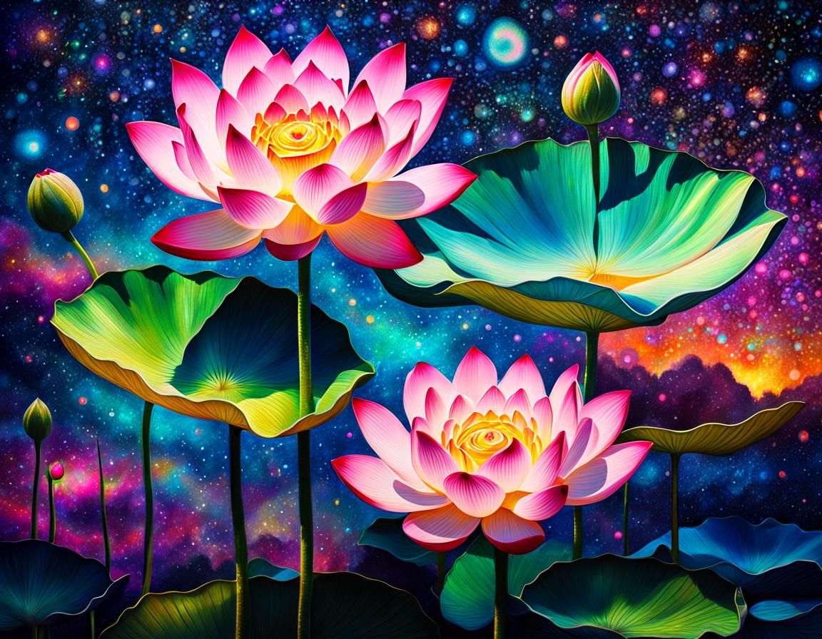 Lotus Flowers in Pointillist Astral Illustration