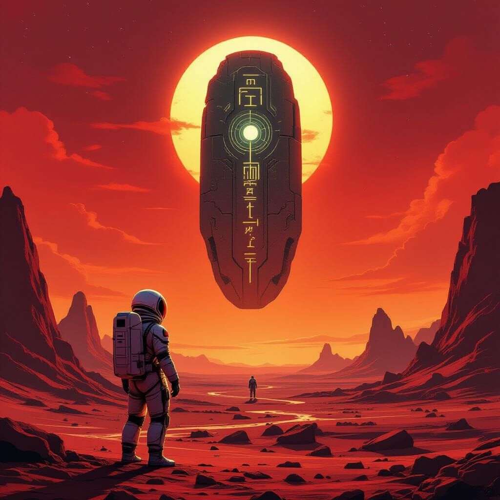 Astronaut Views Alien Artifact on Crimson Sky Planet