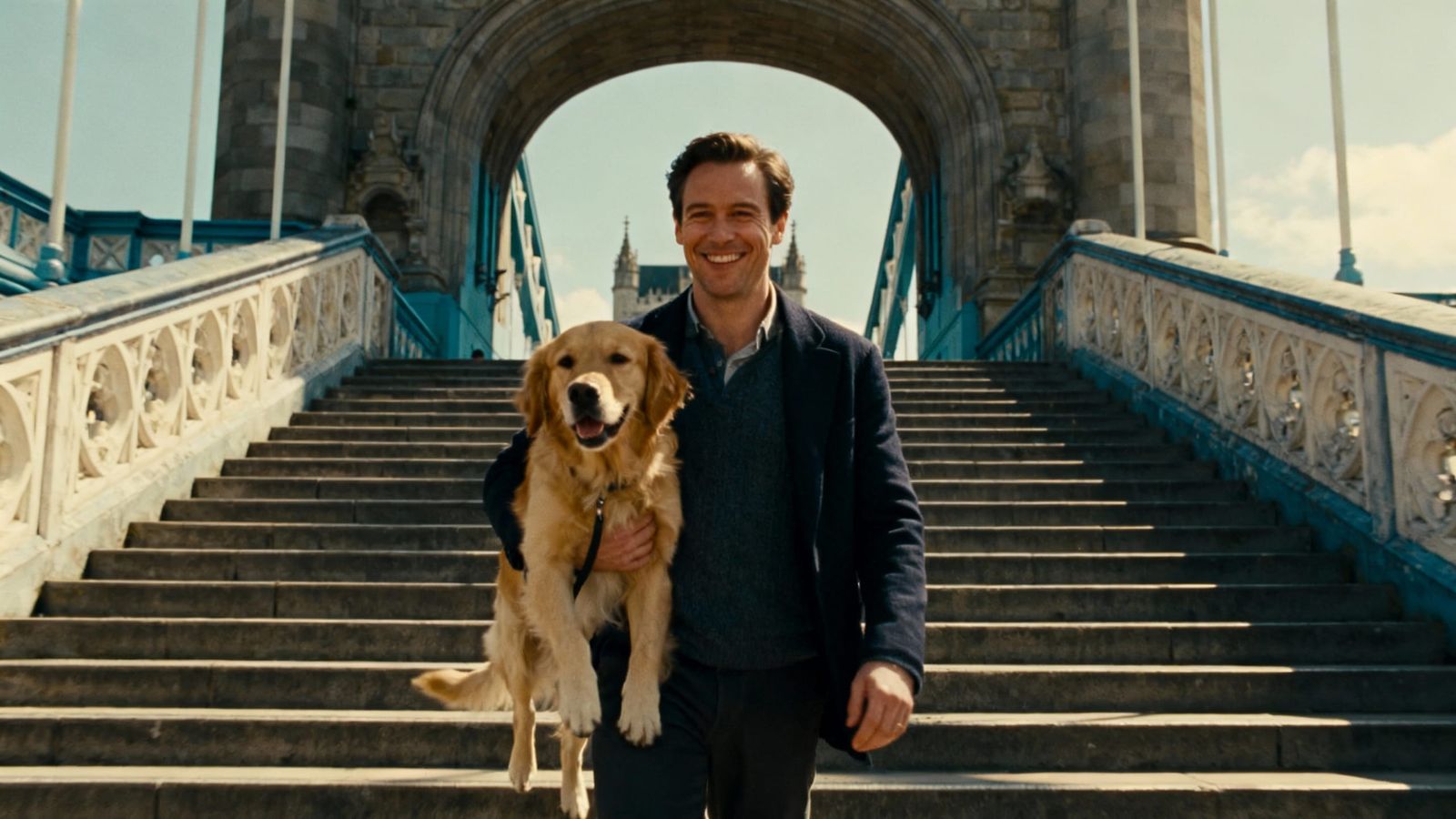 British Man and Dog on Sunny Bridge - Cinematic Film Still