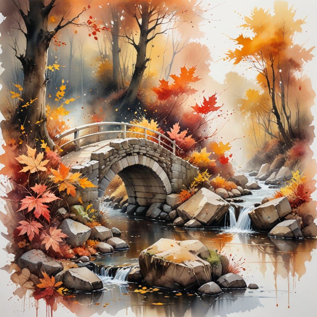 Autumn Stone Bridge in Expressive Watercolour Style