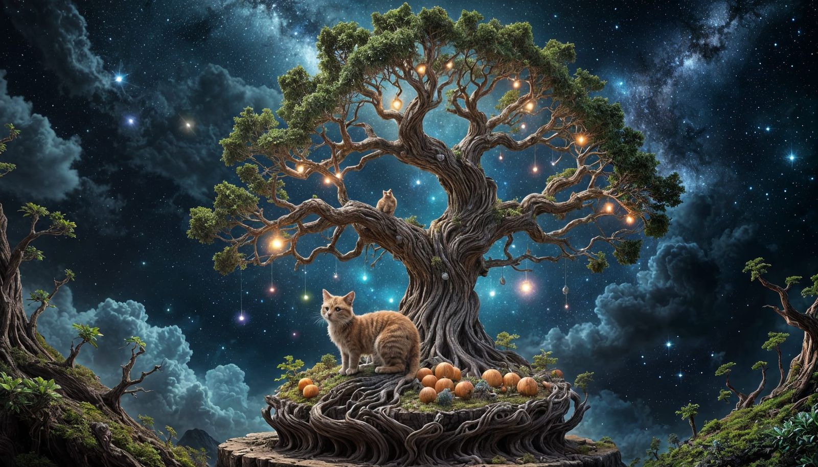 Ancient Cosmic Tree With Galaxy Fruits and Celestial Cat