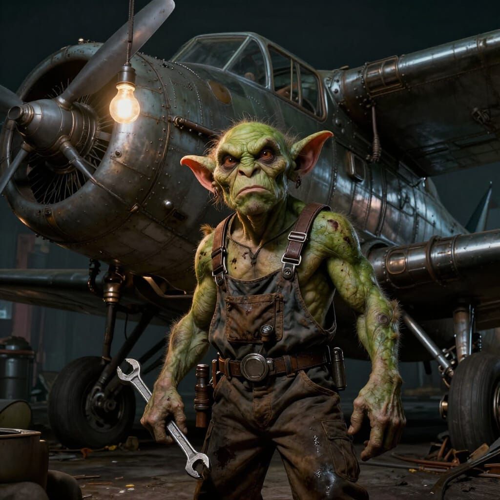 Goblin Mechanic With Dieselpunk Airplane