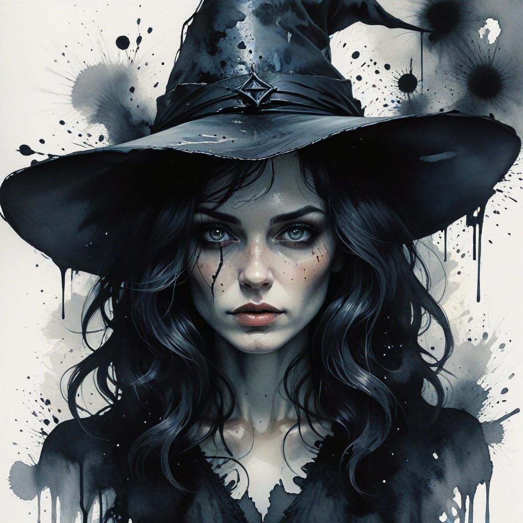 Mysterious Witch Portrait in Watercolor Style