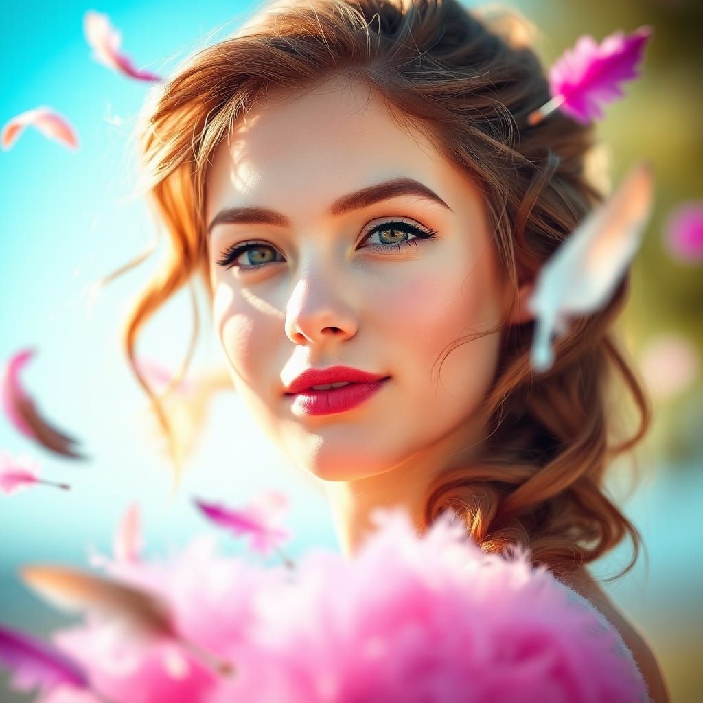 Dreamy Portrait of Woman with Feathers and Bokeh
