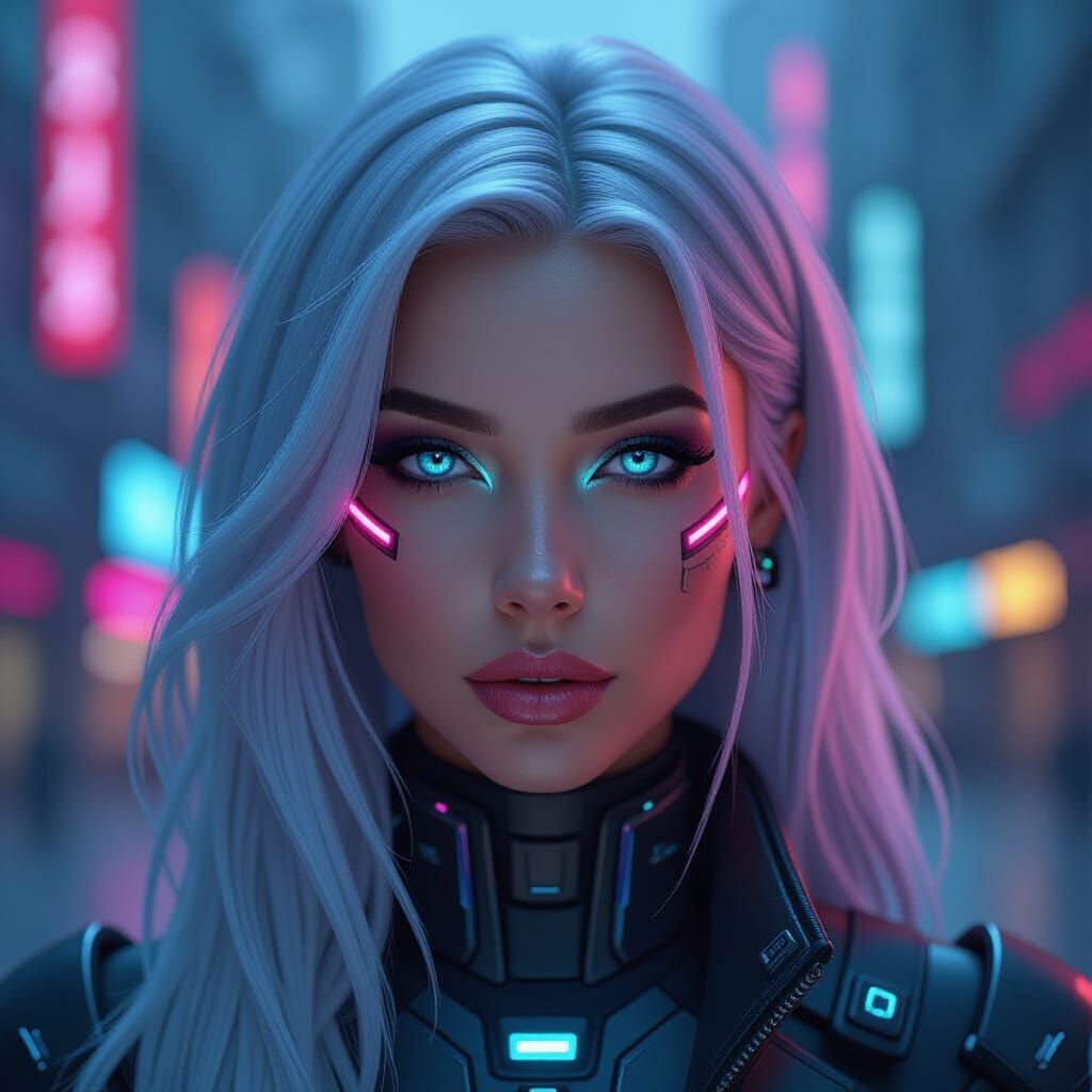 Futuristic Woman Portrait with Cybernetic Eyes in Neon Light...