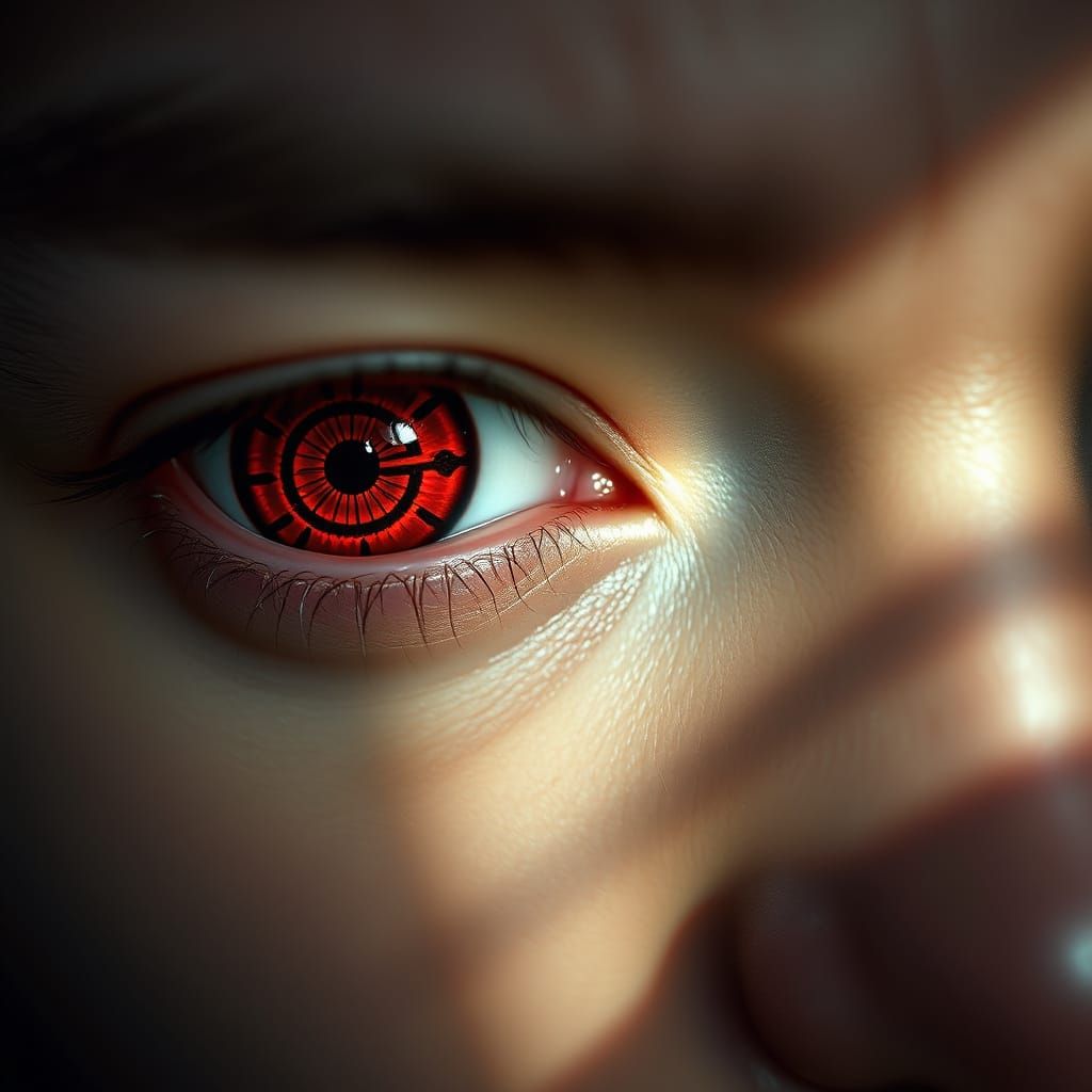 Intricately Detailed Red Eyes in Cinematic Film Still
