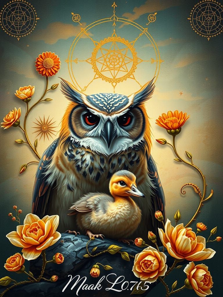 Owl and Duckling in Surreal Mixed Media Style