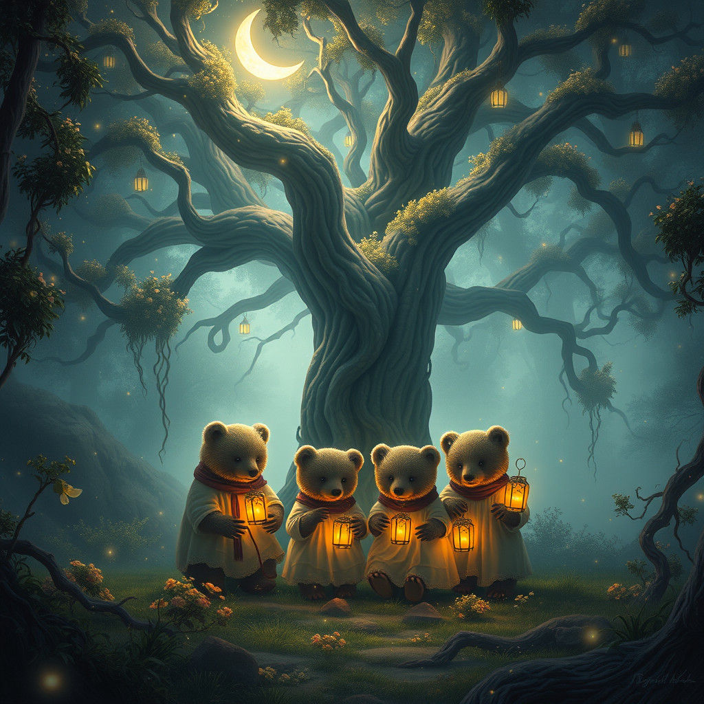 Luminous Bears Gather Under Glowing Tree