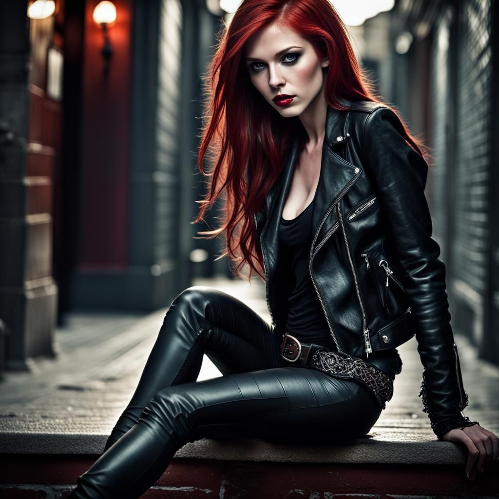 Rock Star Girl in Black Leather, Hyperrealistic