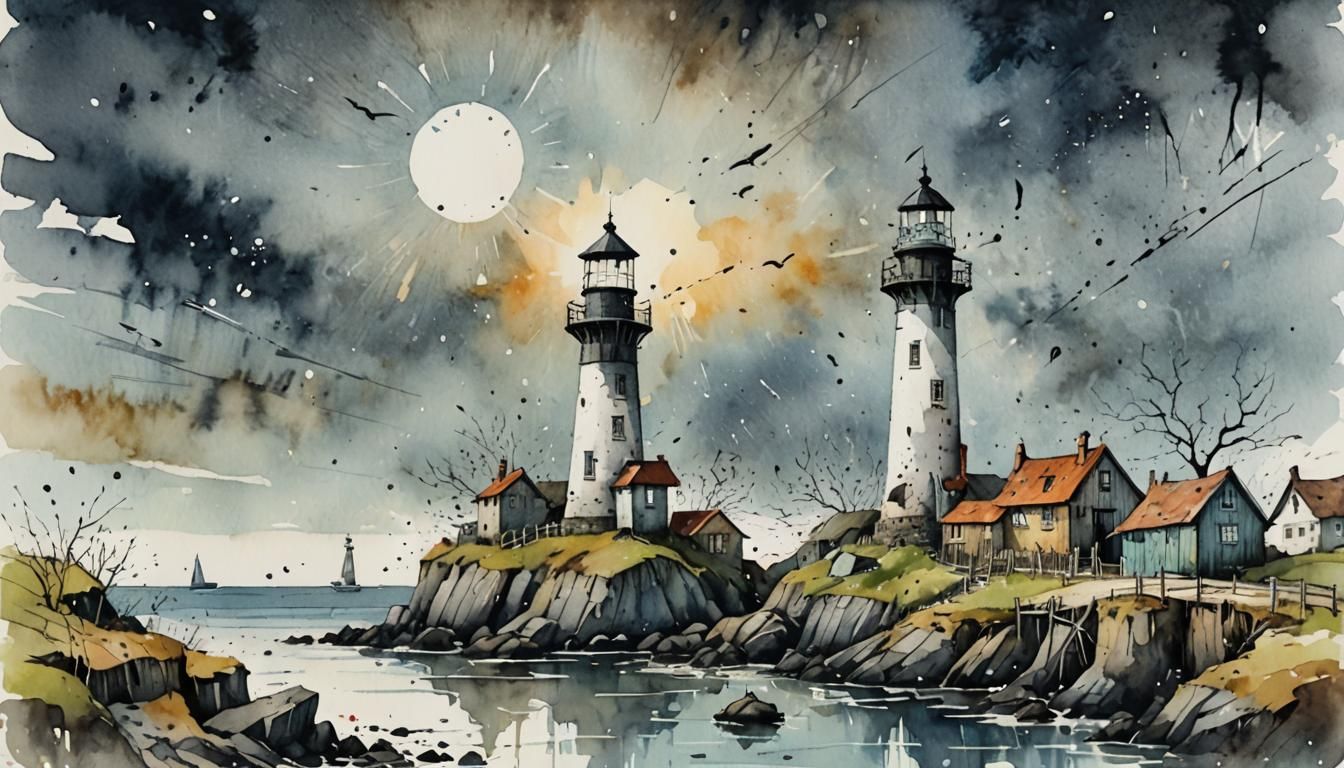 Lighthouse Scene in Whimsical Surreal Illustration Style