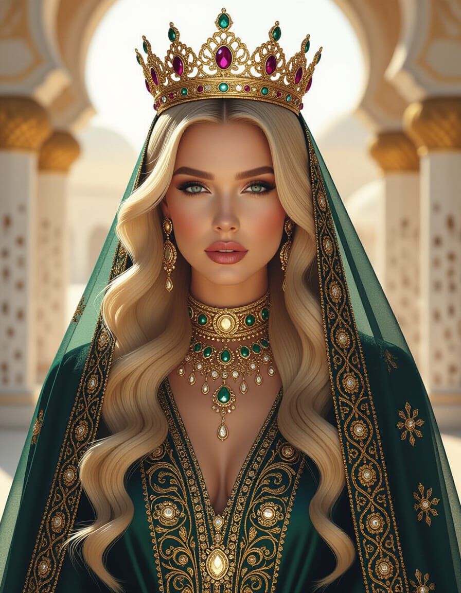 Regal Blonde Woman in Crown and Luxury Abaya