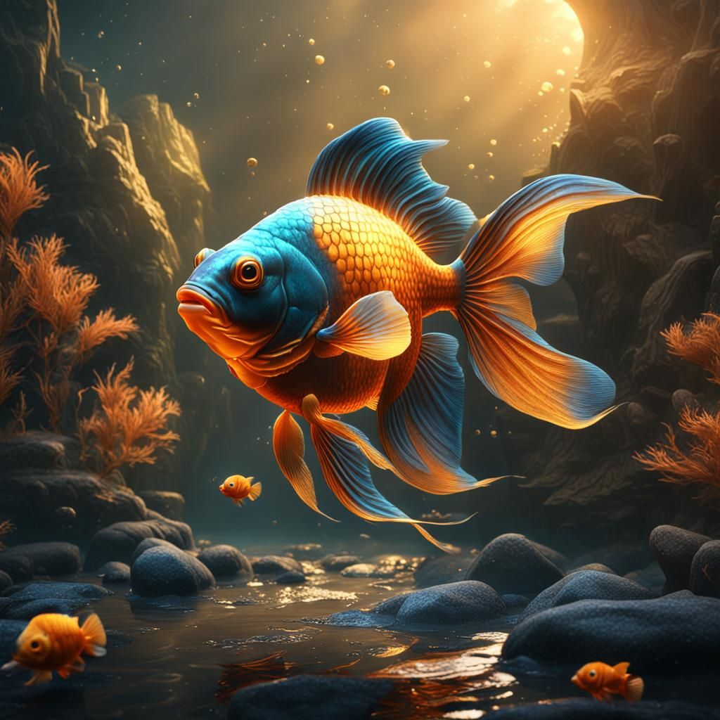Fantastical Goldfish Matte Painting in Deep Color