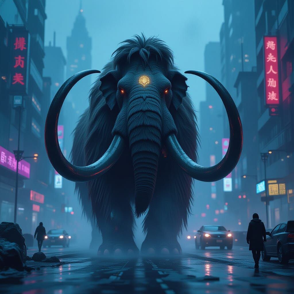 Woolly Mammoth in Cyberpunk City, Dark Fantasy Art