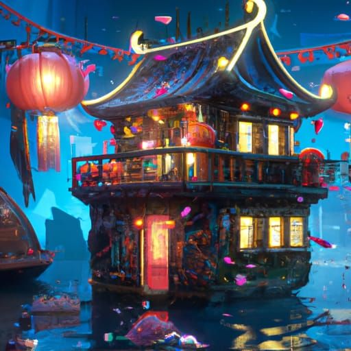 Fairytale Houseboat Under Starry Night Sky