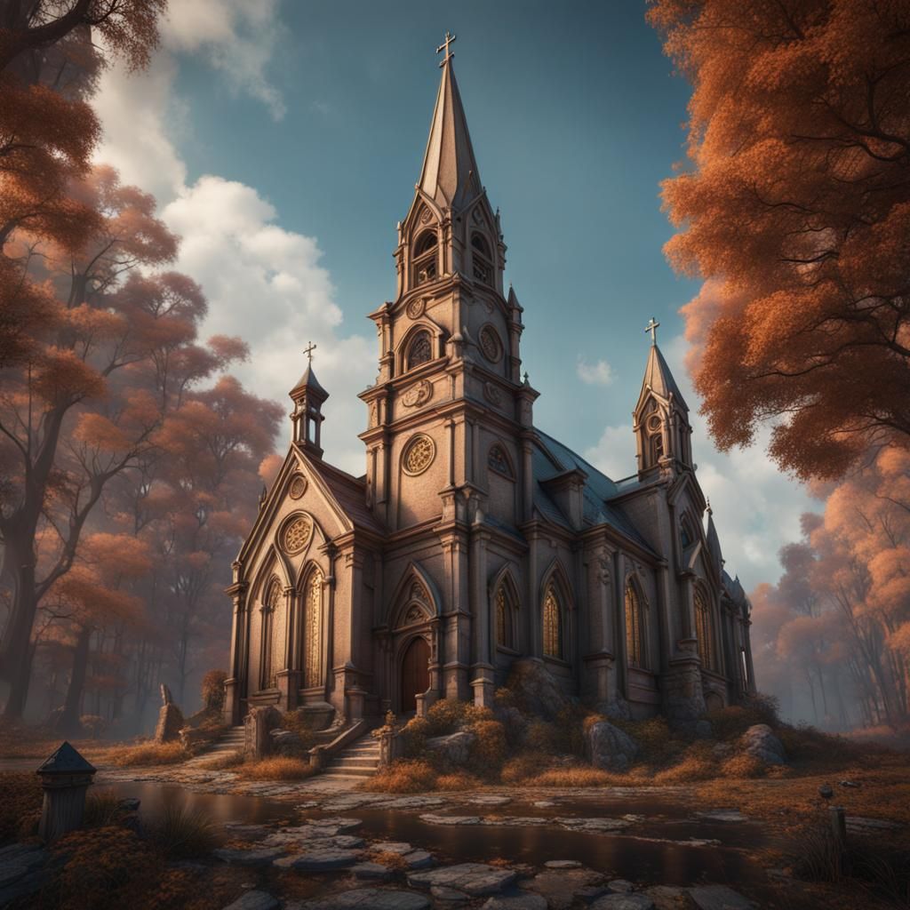 Vintage Church in Detailed Matte Painting Style