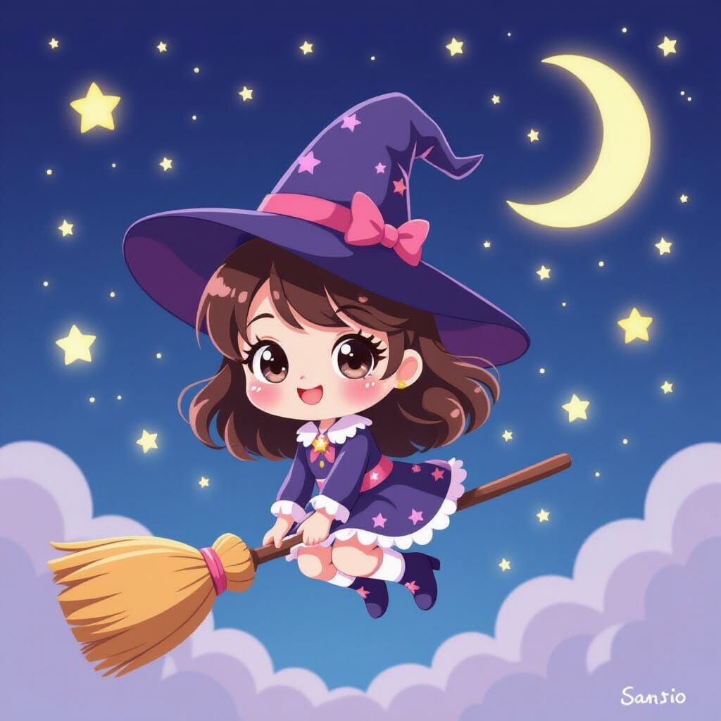 Cute Kawaii Witch Flying Broomstick in Starry Sky