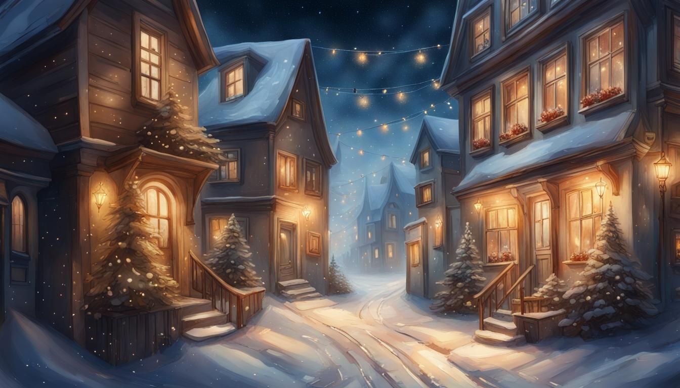 Cozy Winter Town under Starry Sky: Oil Painting